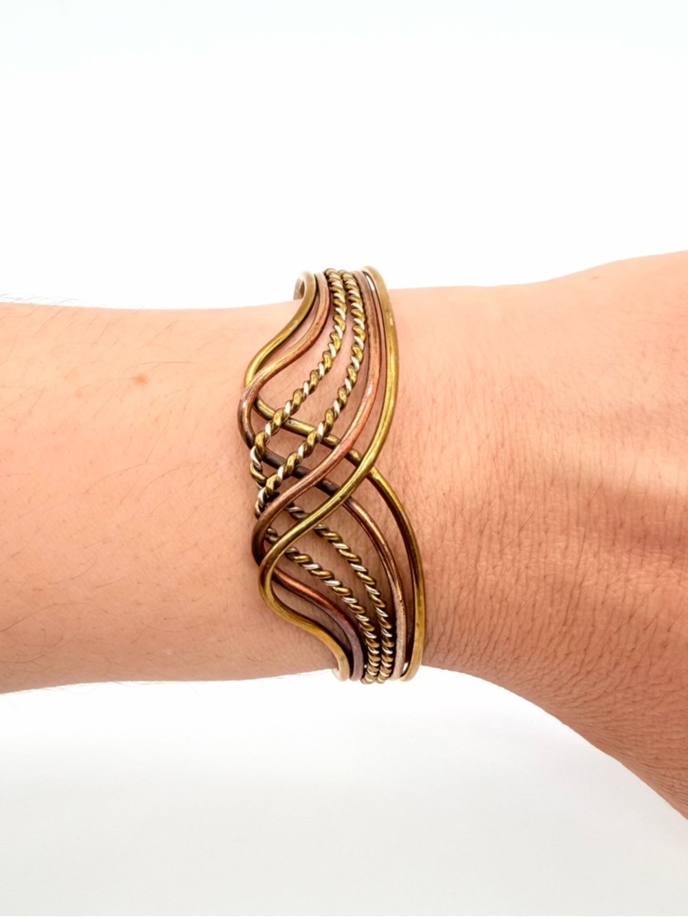 Vintage Mixed Metal Wave Cuff Bracelet Gold Copper Silver Tone Open